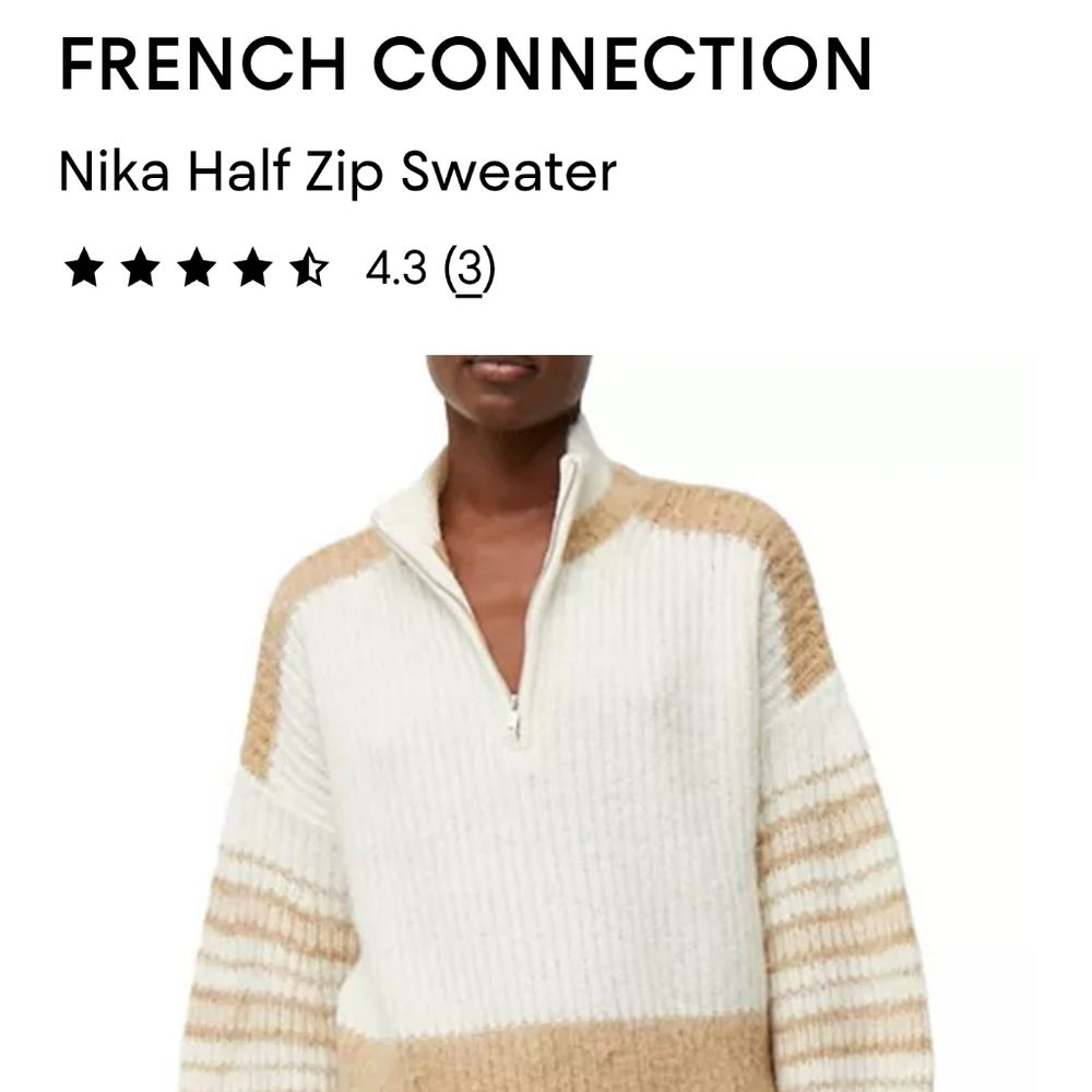 French Connection Winter White & Camel Half-Zip Ribbed Knit Sweater Size Medium - Picture 7 of 11
